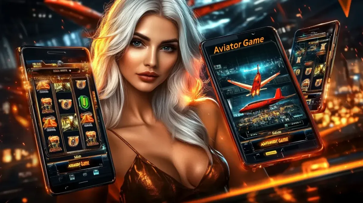 bk3-এ Aviator গেমটির প্রচারণায় একটি সুন্দর সোনালি চুলের নারীর উপস্থিতি দেখা যাচ্ছে, যার চারপাশে একাধিক স্মার্টফোনে গেমটির রোমাঞ্চকর ইন্টারফেস প্রদর্শিত হচ্ছে।