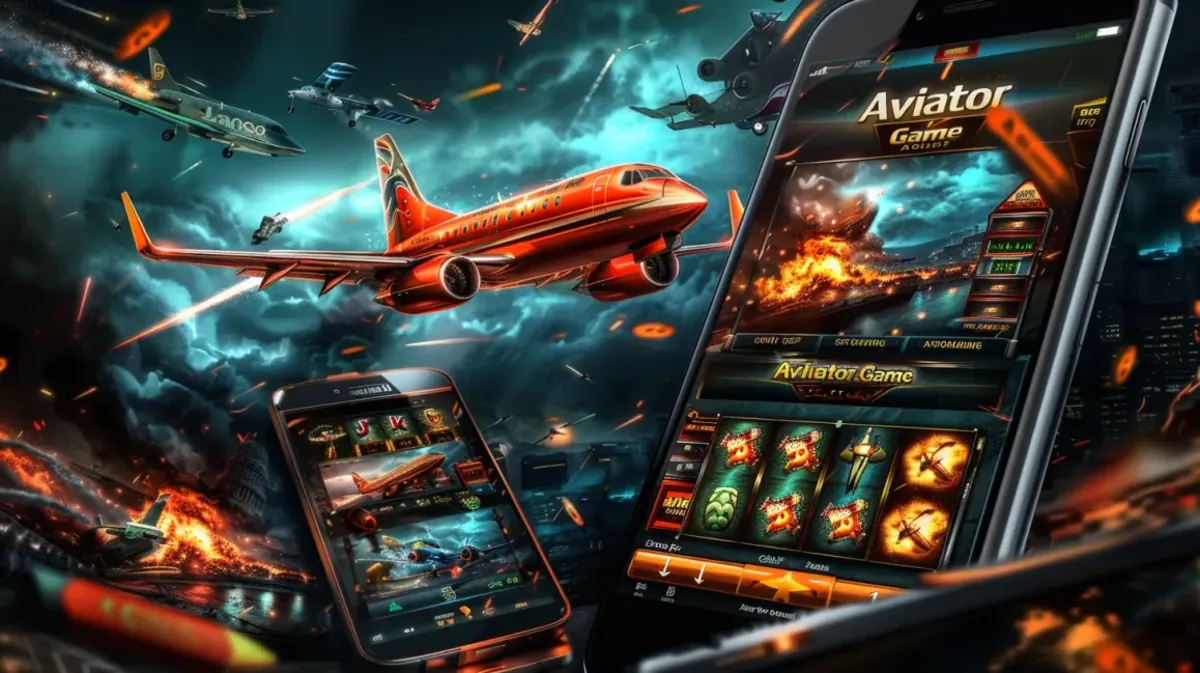 bk3-র অ্যাকশন-ভরপুর Aviator গেমটি দুইটি মোবাইল ফোনে প্রদর্শিত হচ্ছে, যেখানে একটি বড় লাল যাত্রীবাহী বিমান যুদ্ধ-বিধ্বস্ত শহরের আকাশে উড়ছে।