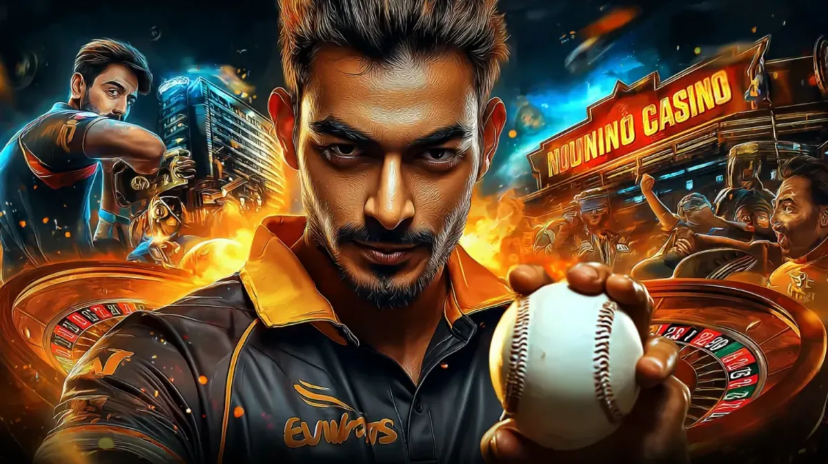 একজন তীব্র-উত্তেজিত ক্রিকেট খেলোয়াড় একটি সমন্বিত ছবিতে ক্রিকেট বল ধরেছেন, যেখানে একটি ক্রীড়া স্টেডিয়াম এবং bk3 গেমিং প্ল্যাটফর্মের প্রাণবন্ত, নিয়ন-আলোকিত পরিবেশ একসাথে মিলে উঠেছে।