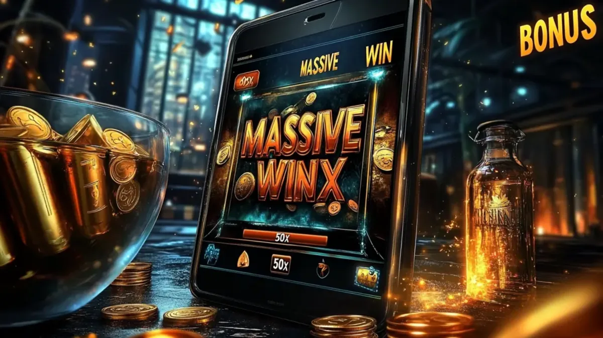 একটি মোবাইল ফোনে MASSIVE উইনএক্স বোনাস এবং ৫০x গুণিতক দেখা যাচ্ছে, bk3-এ উপলব্ধ বড় জয়গুলোর প্রচারের জন্য। দৃশ্যটি একটি শোভাময় বার-পরিবেশে সেট করা, যেখানে সোনালি বুলেট-আকারের একটি বাটি রাখা আছে।