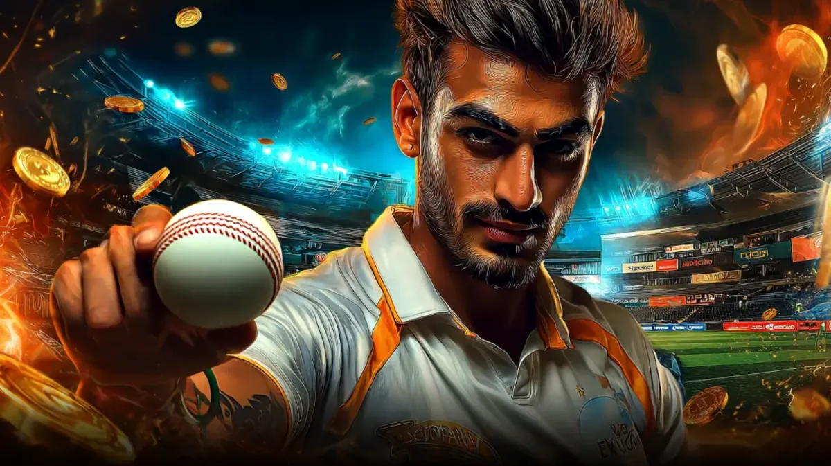 bk3-এ ক্রিকেট-গেমিংয়ের উত্তেজনাপূর্ণ জগত প্রচারের জন্য মনোযোগী ও তীব্র এক পুরুষ ক্রিকেট খেলোয়াড় ভিড়ভরা স্টেডিয়ামে ক্রিকেট বল উঁচু করে ধরেছেন। স্বর্ণালী কয়েন ও অগ্নি-প্রভাব নাটকীয়তা বাড়ায়।